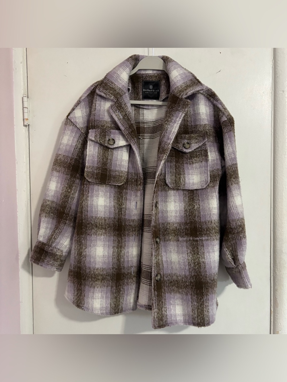 bagatelle Lavender and Brown Plaid Utility Shacket